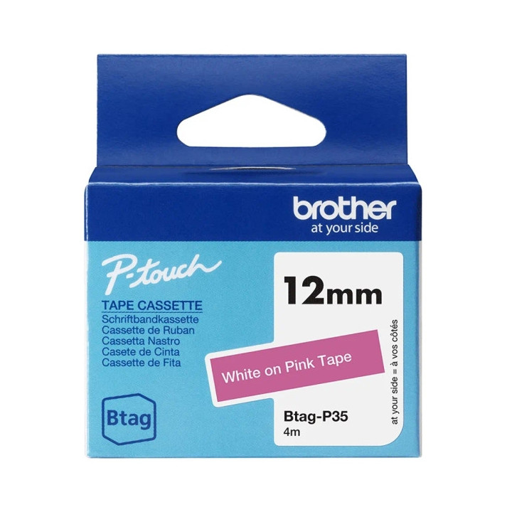 Brother Btag-P35 Cinta 12mm - Texto Blanco sobre Fondo Rosa - Medidas 12mmx4 Metros - Apta para PTN10