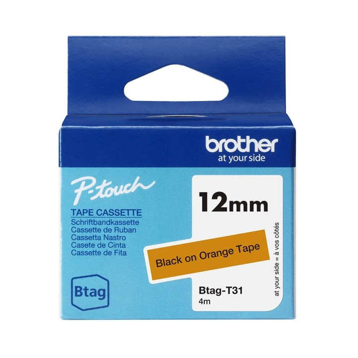 Brother Btag-T31 Cinta 12mm - Texto Negro sobre Fondo Naranja - Medidas 12mmx4 Metros - Apta para PTN10