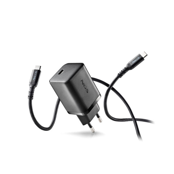 NGS Bud 65W Cargador GaN Universal de Pared 65W Ultrarapido - USB-C PD & PPS - Cable USB-C 1.5m - Color Negro