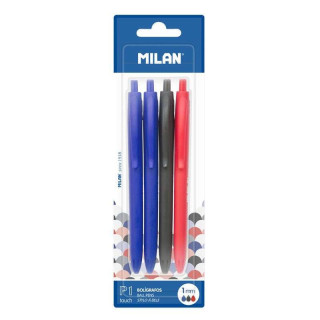 Milan P1 Touch Pack de 4 Boligrafos de Bola Retractiles - Punta Redonda 1mm - Tinta con Base de Aceite - Escritura Suave - 1.20