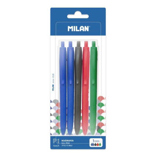 Milan P1 Touch Pack de 5 Boligrafos de Bola Retractiles - Punta Redonda 1mm - Tinta con Base de Aceite - Escritura Suave - 1.20
