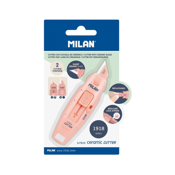 Milan Coleccion 430 Cutter de Hoja Ceramica Reemplazable - Cuchilla con Protector - Bloqueo de Seguridad - Color Rosa