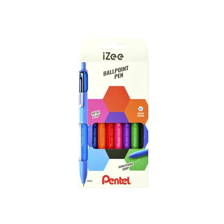 Pentel iZee Pack de 8 Boligrafos de Bola Retractiles - Punta 0.7mm - Trazo 0.35mm - Clip de Metal - Colores Surtidos
