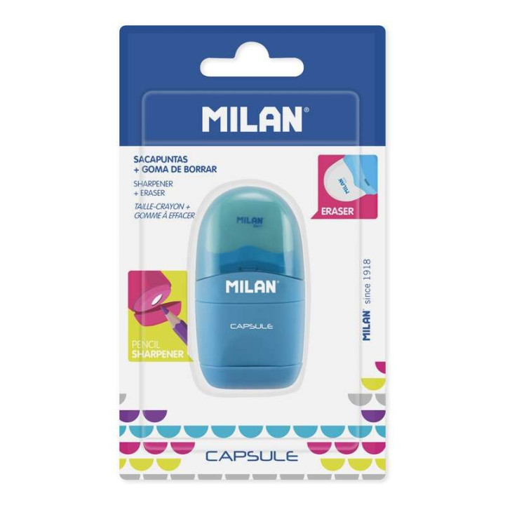 Milan Capsule Afilaborras - Sacapuntas y Goma de Borrar - Cuchilla de Acero al Carbono - Para todo tipo de Lapices - Cuchilla d
