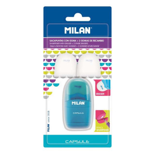 Milan Capsule Blister Afilaborras - Sacapuntas y Goma de Borrar + 2 Gomas de Borrar de Recambio - Cuchilla de Acero al Carbono