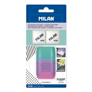 Milan Compact Sunset Afilaborra Compact con 2 Gomas de Borrar - Sacapuntas Doble - Cuchilla de Seguridad - Color Turquesa/Viole