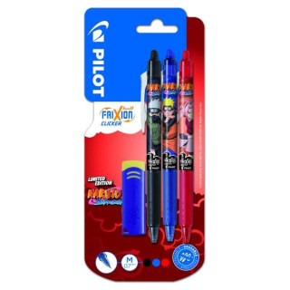 Pilot Frixion Clicker Naruto Shippuden Pack de 3 Boligrafos de Gel Retractil Borrable + Borrador - Punta de Bola 0.7mm - Trazo