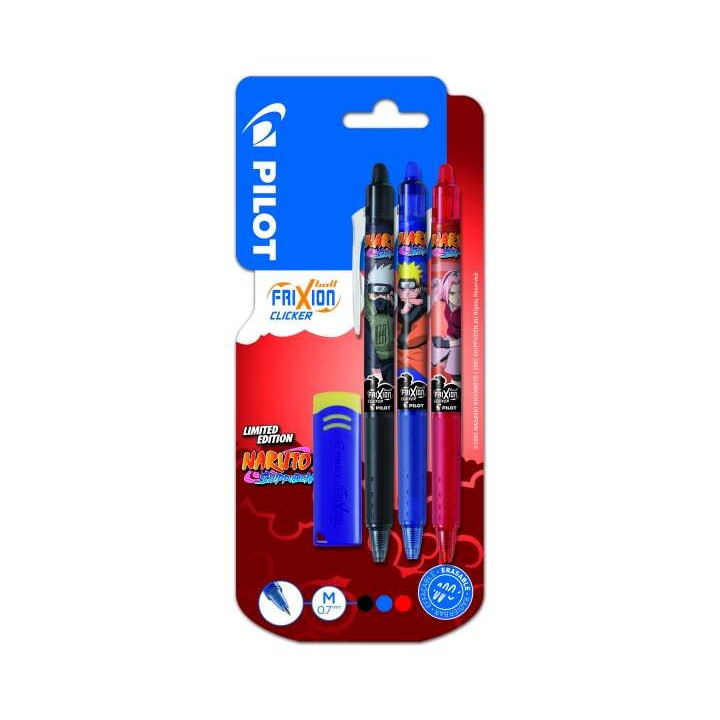 Pilot Frixion Clicker Naruto Shippuden Pack de 3 Boligrafos de Gel Retractil Borrable + Borrador - Punta de Bola 0.7mm - Trazo