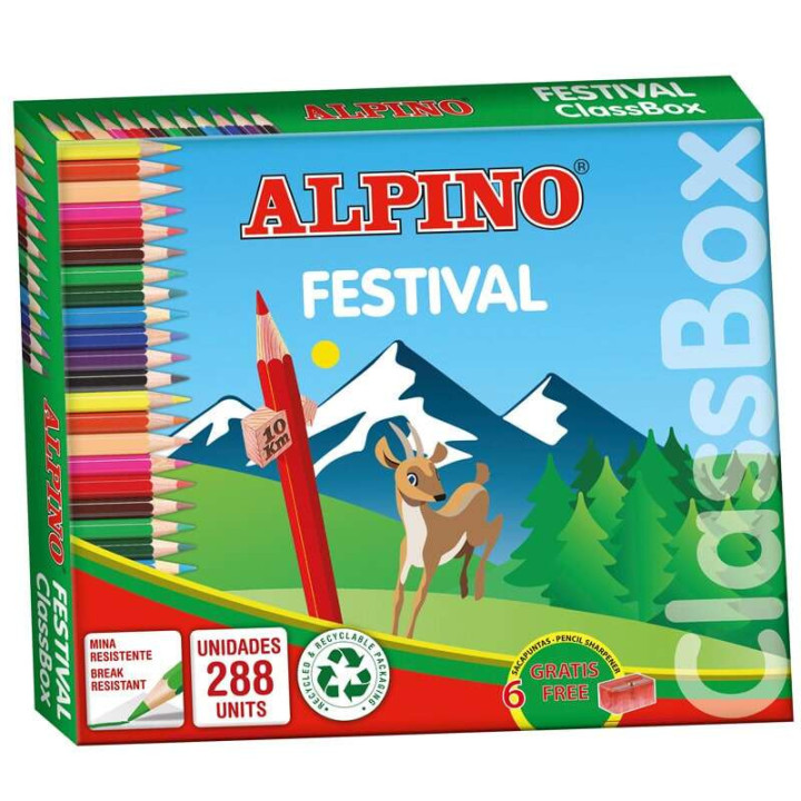 Alpino Festival Pack de 288 Lapices Hexagonales de Colores - Mina de 3mm - 12 Colores x 24 Uds - Ideal para Colegios - Colores
