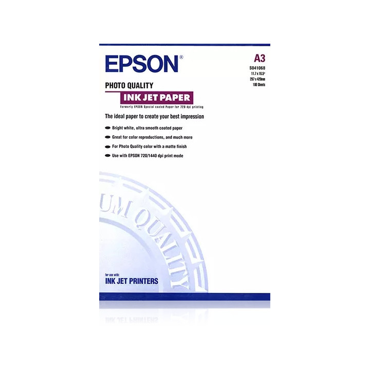 Epson Photo Quality Ink-Jet Pack de 100 Hojas de Papel Fotografico A3 Especial Ink-Jet 102g/m² - Acabado Mate - Color Blanco