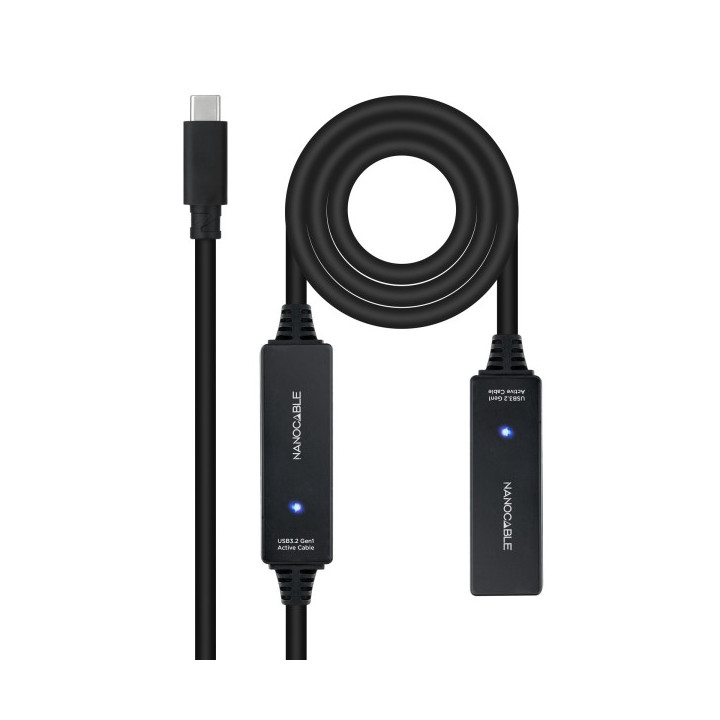 Nanocable Cable Prolongador USB-C 3.2 Macho a USB-C 3.2 Hembra - 10 Metros - Amplificador - Color Negro