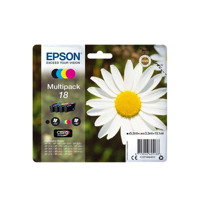 Epson T1806 (18) Pack de 4 Cartuchos de Tinta Originales - C13T18064012