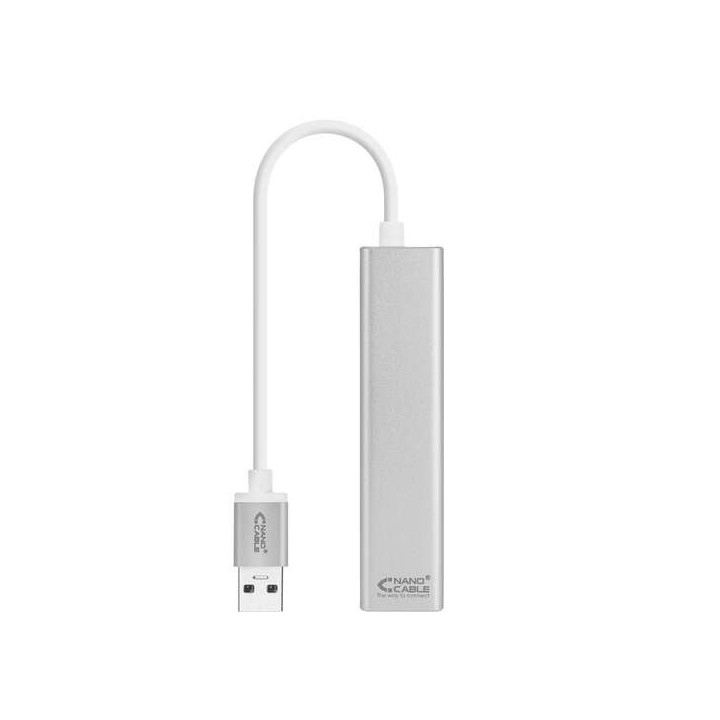 Nanocable Conversor USB 3.0 a Ethernet Gigabit + 3xUSB 3.0 - Aluminio - 15 cm - Color Plata