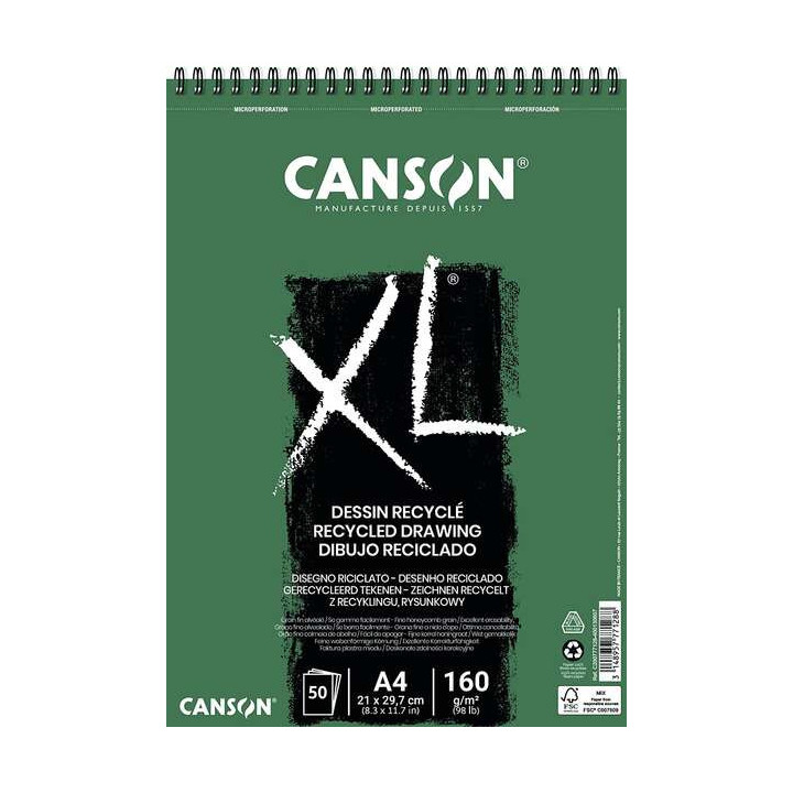 Canson XL Recycled Bloc de Dibujo con 50 Hojas A4 - Espiral Microperforado - Grano Fino - 160g - Color Blanco