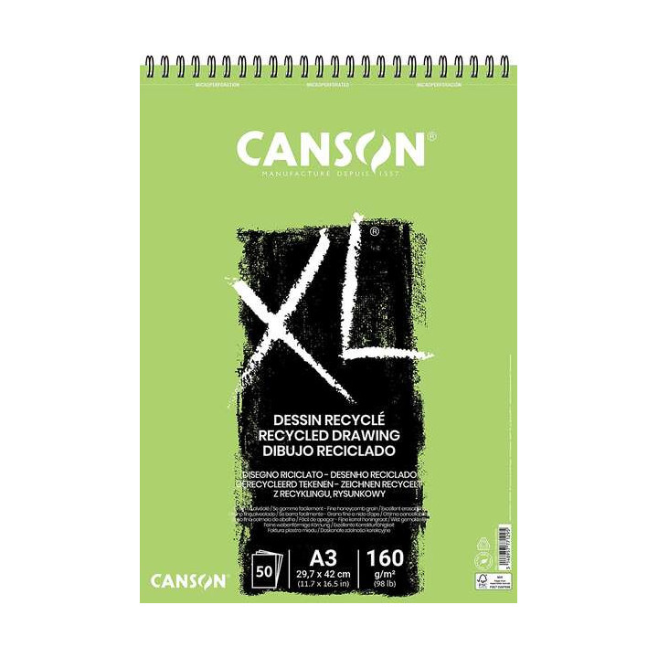 Canson XL Recycled Bloc de Dibujo con 50 Hojas A3 - Espiral Microperforado - Grano Fino - 160g - Color Blanco