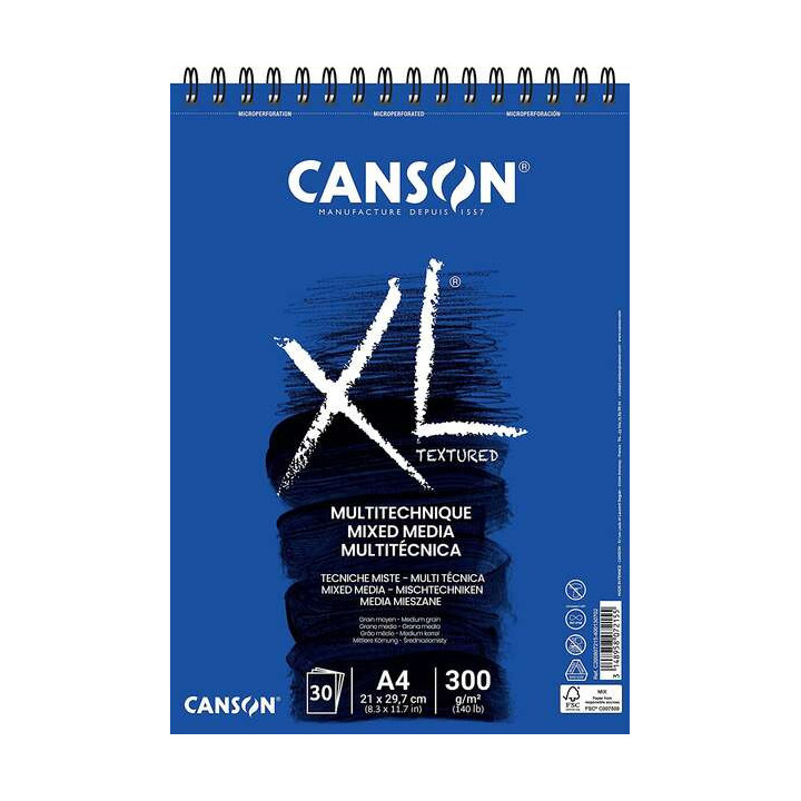Canson Xl Mix Media Bloc de Dibujo Acuarela de 30 Hojas A4 - Grano Medio - Microperforado Espiral - 21x29.7cm - 300g - Color Bl