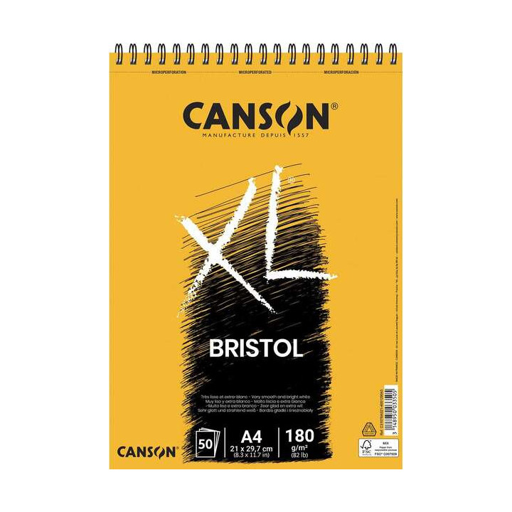 Canson Bloc XL Bristol Extraliso A4 de 50 Hojas 180gr - Acabado Satinado - Muy Resistente - Color Blanco