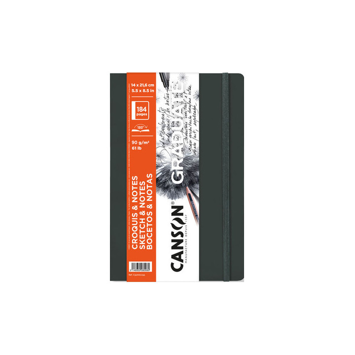 Canson Graduate Sketch Cuaderno con 92 Hojas - 14x21.6cm - 90g - Grano Fino - Tapa Blanda - Color Gris Oscuro