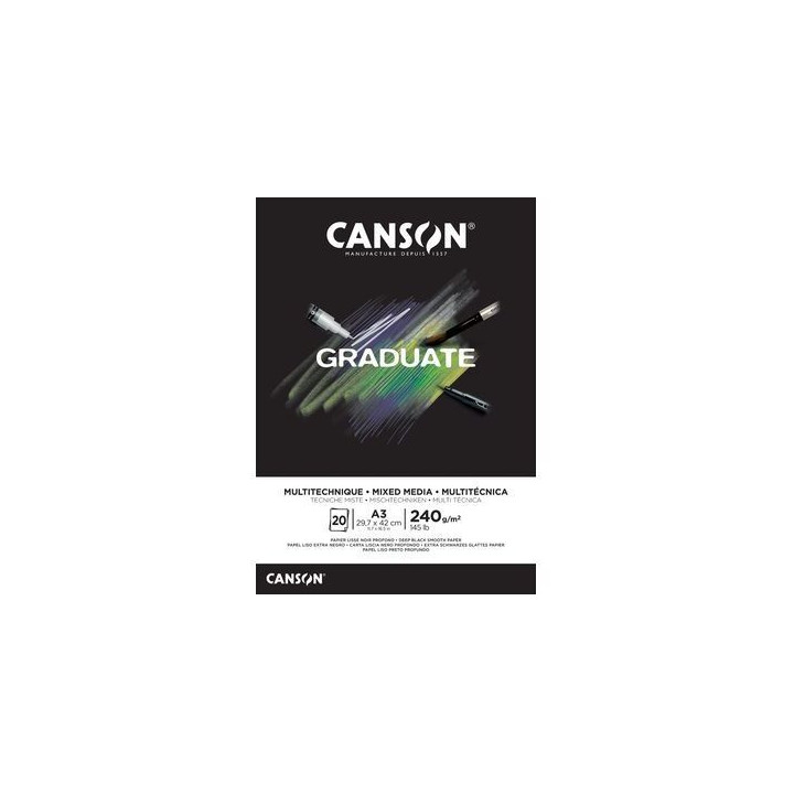 Canson Graduate Mix Media Bloc Encolado de 20 Hojas A4 - 240g - Grano Fino - Color Negro