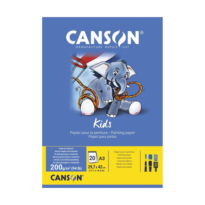 Canson Kids Bloc para Pintar A3 20 Hojas 200 g/m² - Grano Ligero - Certificado FSC - Color Blanco
