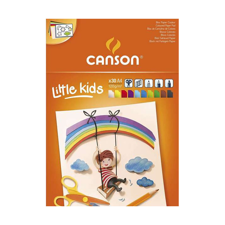 Canson Kids Cartulina Bloc Encolado de 30 Hojas A4 - 21x29.7 - 120g - Colores Surtidos