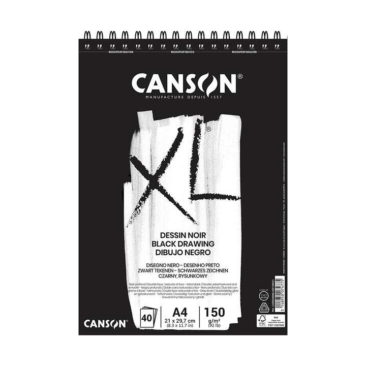 Canson XL Black Bloc de 40 Hojas A4 150g - Grano Fino - Espiral Microperforado - Color Negro