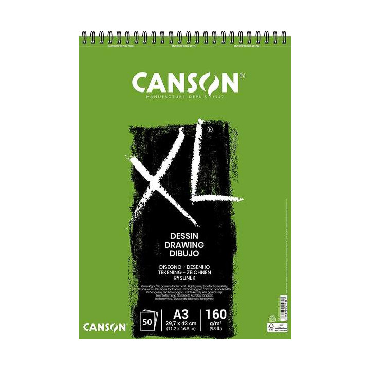 Canson XL Dessin Ligero Bloc de Dibujo con 50 Hojas A3 - Espiral Microperforado - 29.7x42cm - 160g - Color Blanco
