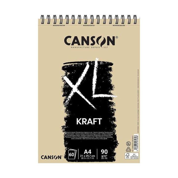 Canson XL Kraft Rayado Bloc de Dibujo con 60 Hojas A4 - Espiral Microperforado - 21x29.7cm - 90g - Color Beige