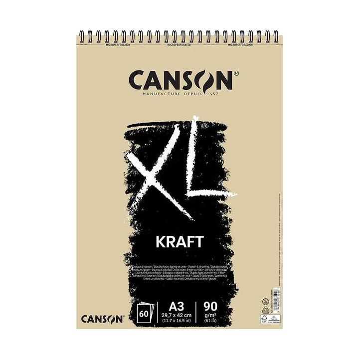 Canson XL Kraft Rayado Bloc de Dibujo con 60 Hojas A3 - Espiral Microperforado - 29.7x42cm - 90g - Color Beige
