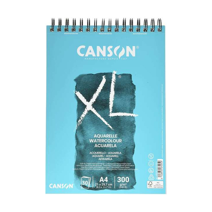 Canson XL Aquarelle Album Espiral Microperforado de 30 Hojas A4 - Grano Fino - 21x29.7cm - 300g - Color Blanco