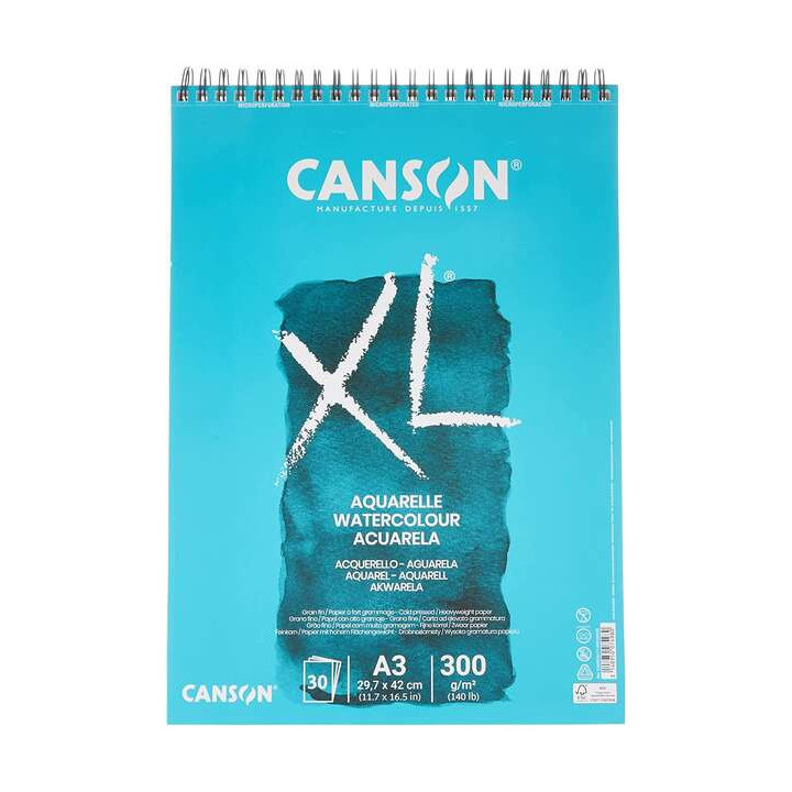 Canson XL Aquarelle Album Espiral Microperforado de 30 Hojas A3 - Grano Fino - 29.7x42cm - 300g - Color Blanco