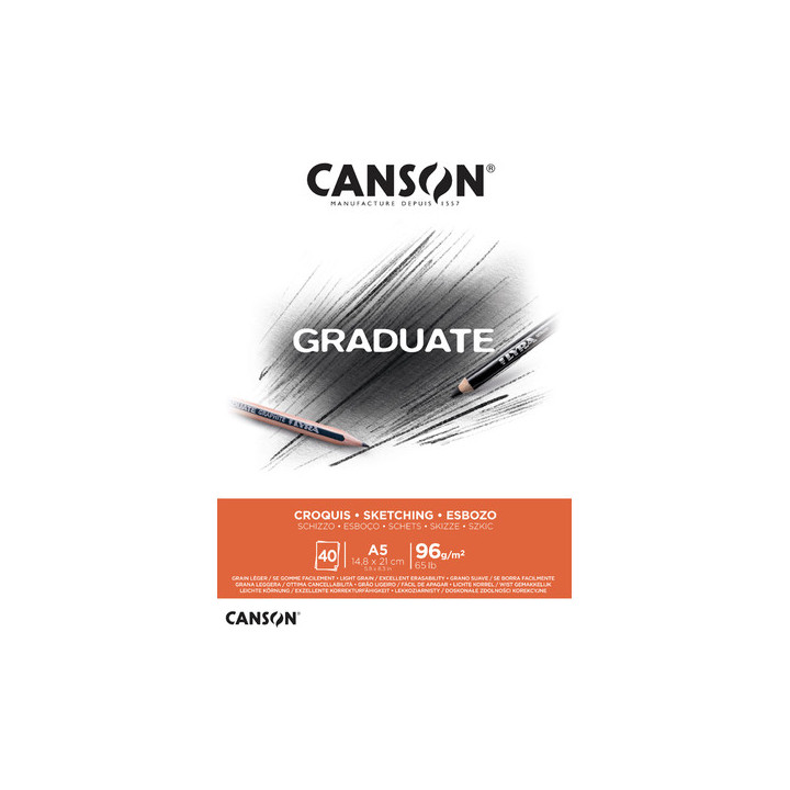 Canson Graduate Sketch Bloc Encolado de 40 Hojas A5 - 96g - Grano Fino - Color Blanco