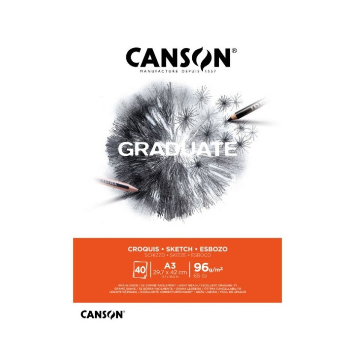 Canson Graduate Sketch Bloc Encolado de 40 Hojas A3 - 96g - Grano Fino - Color Blanco