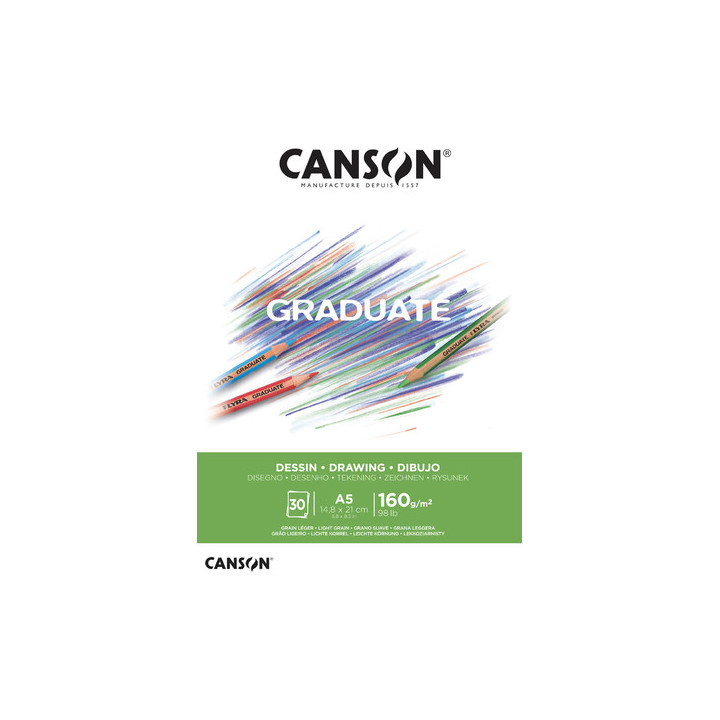 Canson Graduate Dibujo Bloc Encolado de 30 Hojas A5 - 160g - Grano Fino - Color Blanco Natural