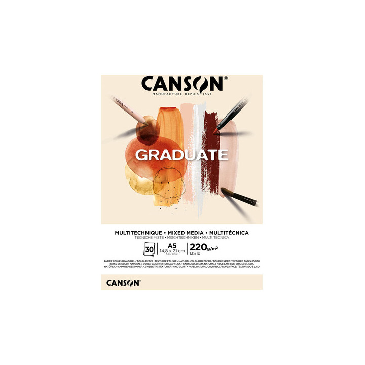 Canson Graduate Mix Media Bloc Encolado de 30 Hojas A5 - 220g - Grano Fino - Color Ocre