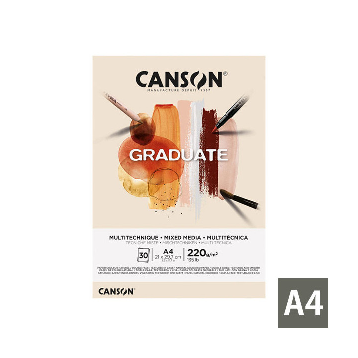 Canson Graduate Mix Media Bloc Encolado de 30 Hojas A4 - 220g - Grano Fino - Color Ocre