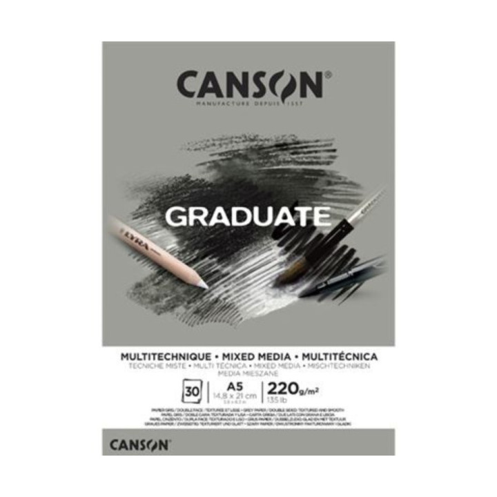 Canson Graduate Mix Media Bloc Encolado de 30 Hojas A5 - 220g - Grano Fino - Color Gris