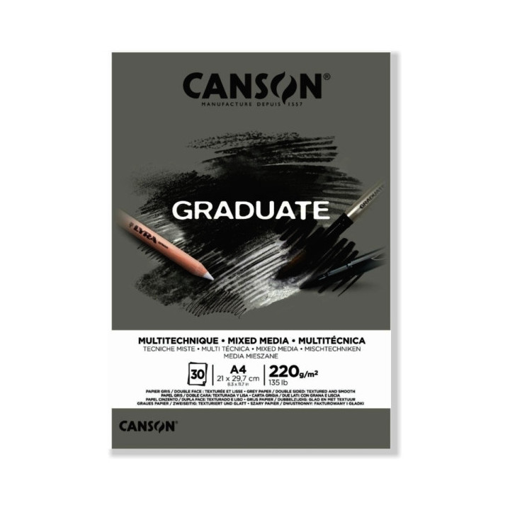 Canson Graduate Mix Media Bloc Encolado de 30 Hojas A4 - 220g - Grano Fino - Color Gris