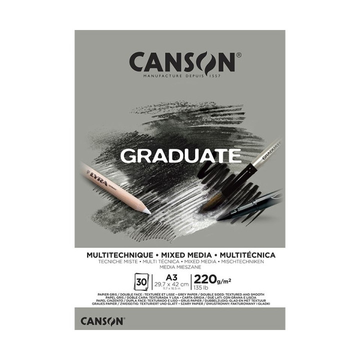 Canson Graduate Mix Media Bloc Encolado de 30 Hojas A3 - 220g - Grano Fino - Color Gris
