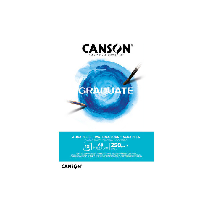 Canson Graduate Acuarela Bloc Encolado de 20 Hojas A5 - 250g - Grano Fino - Color Blanco