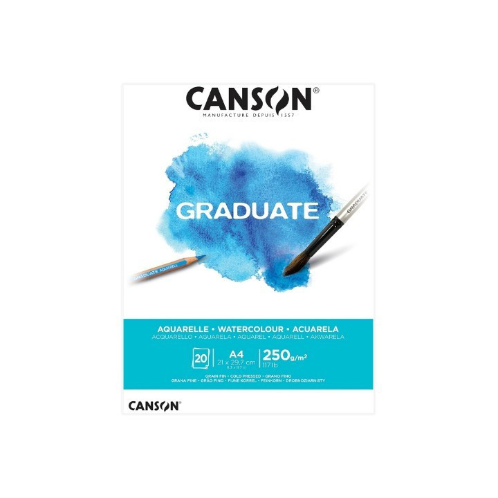Canson Graduate Acuarela Bloc Encolado de 20 Hojas A4 - 250g - Grano Fino - Color Blanco