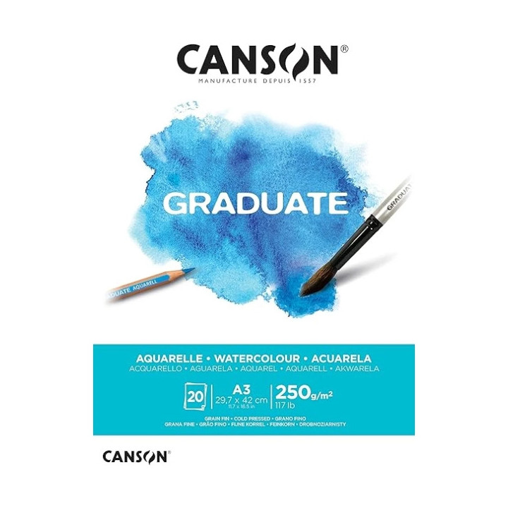 Canson Graduate Acuarela Bloc Encolado de 20 Hojas A3 - 250g - Grano Fino - Color Blanco