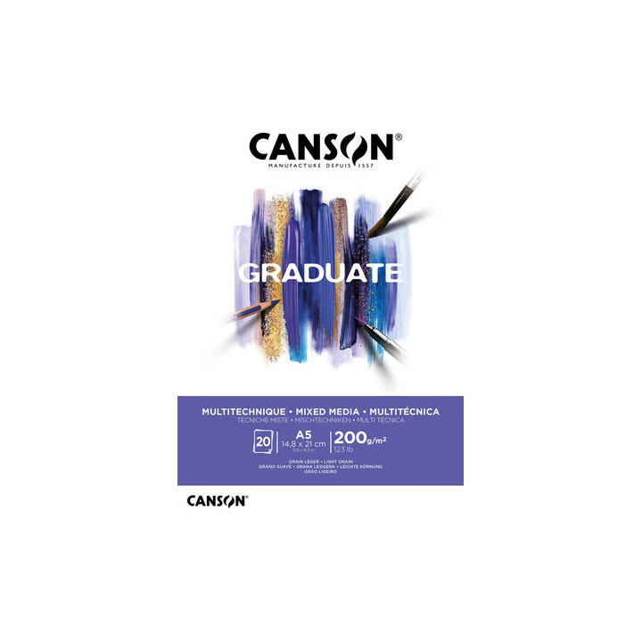 Canson Graduate Mix Media Bloc Encolado de 20 Hojas A5 de 200g - Grano Fino - Color Blanco