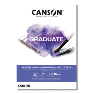 Canson Graduate Mix Media Bloc Encolado de 20 Hojas A4 de 200g - Grano Fino - Color Blanco