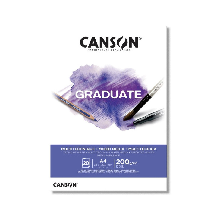 Canson Graduate Mix Media Bloc Encolado de 20 Hojas A4 de 200g - Grano Fino - Color Blanco