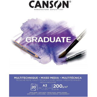 Canson Graduate Mix Media Bloc Encolado de 20 Hojas A3 de 200g - Grano Fino - Color Blanco