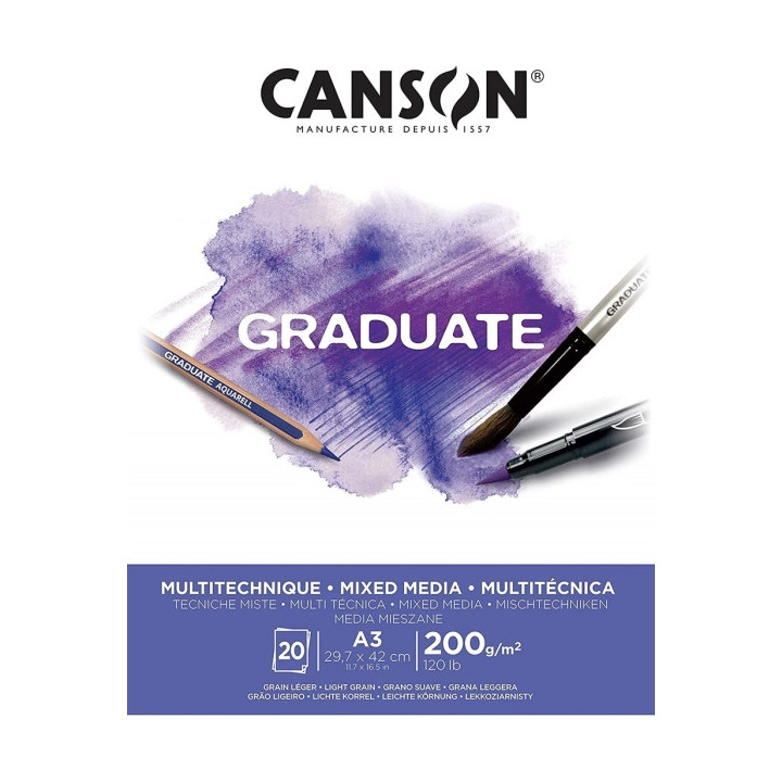 Canson Graduate Mix Media Bloc Encolado de 20 Hojas A3 de 200g - Grano Fino - Color Blanco