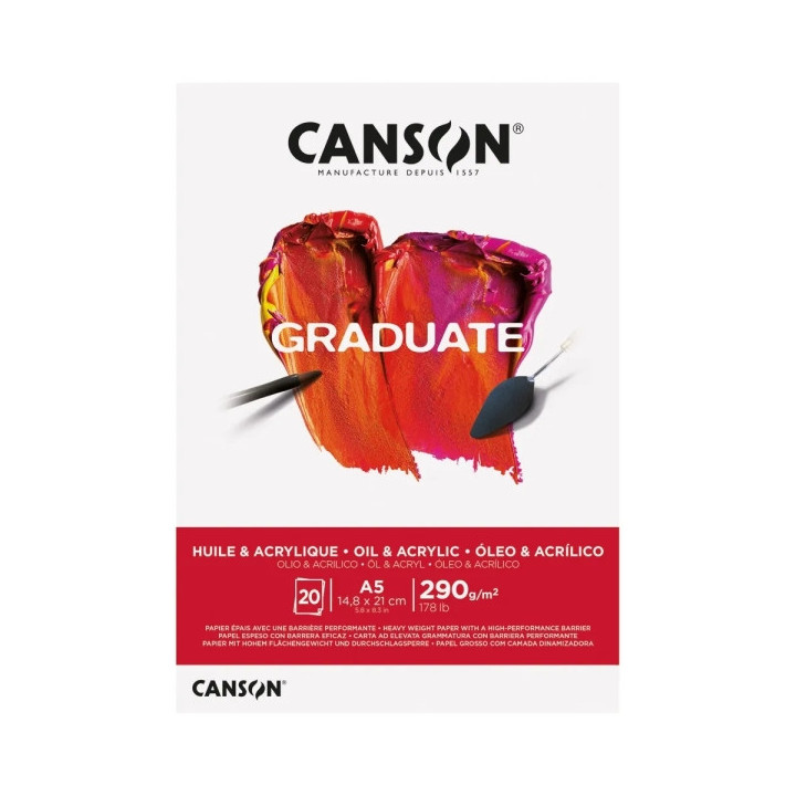 Canson Graduate Oleo & Acrilico Bloc Encolado de 20 Hojas A5 - 290g - Grano Fino - Color Blanco