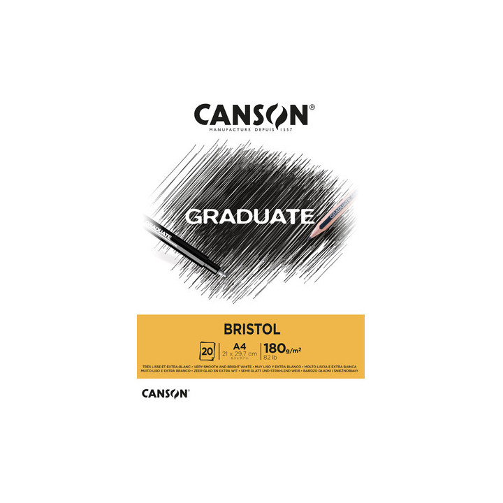 Canson Graduate Bristol Bloc Encolado de 20 Hojas A4 - 180g - Extraliso - Color Blanco