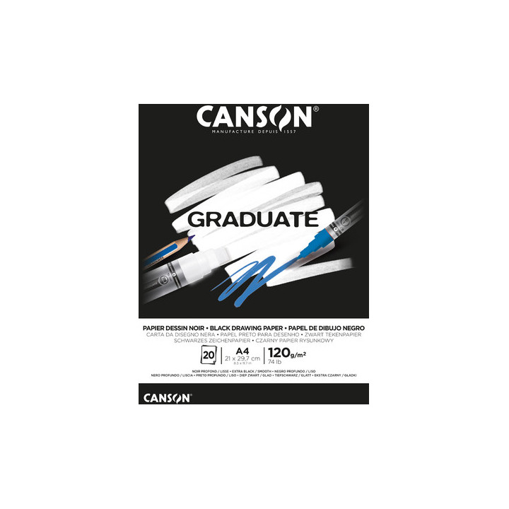 Canson Graduate Black Bloc Encolado de 20 Hojas A4 - 120g - Grano Fino - Color Negro